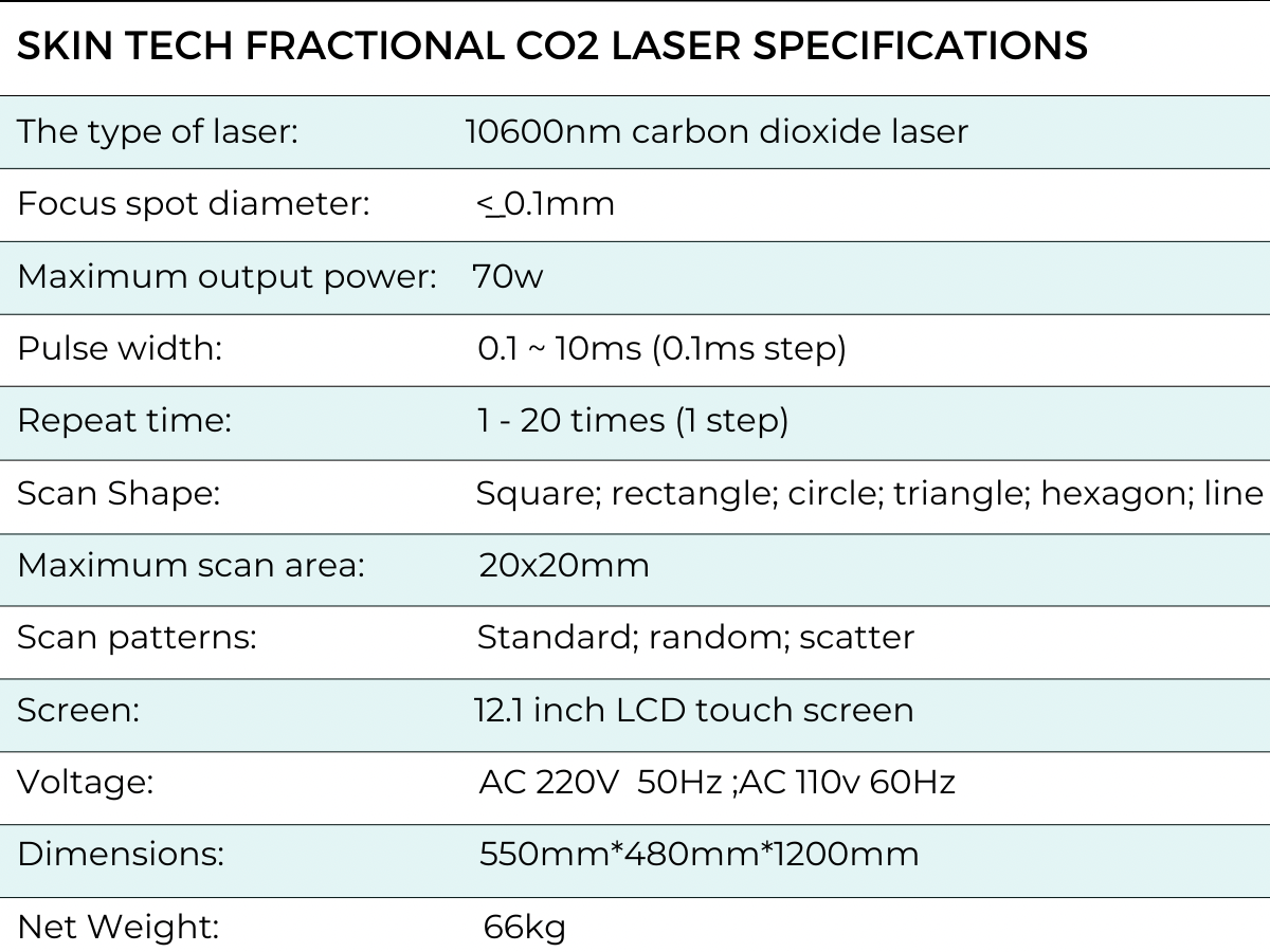 Skin Tech Fractional CO2 Laser Specifications